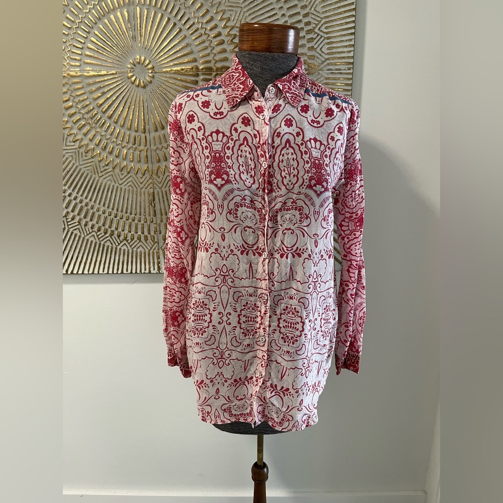 ✨ Johnny Was Anita Paisley Blouse XS Boho Chic Red White Button Front ✨